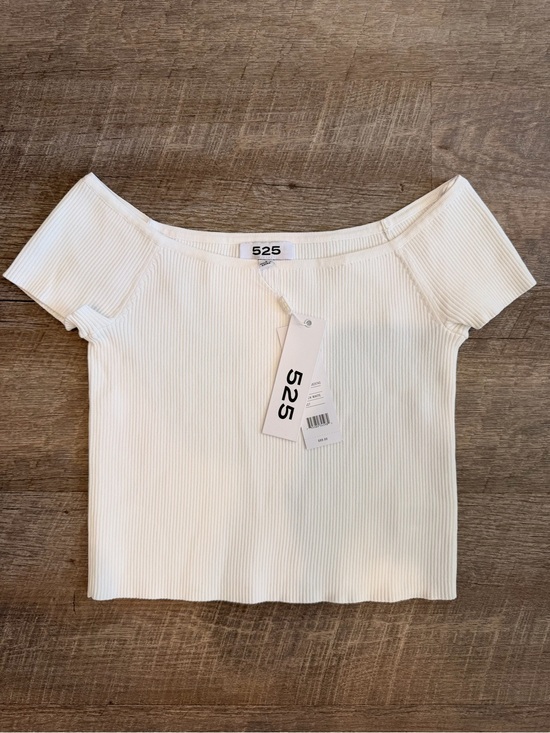 525 America Tops - NWT 525 Off-The-Shoulder Ribbed Knit Crop Top White Sz S Soft Stretch Minimalist